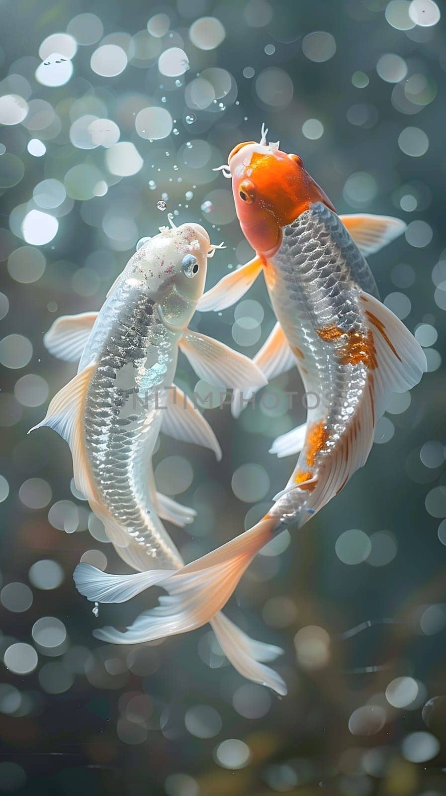 Two goldfish swim in a pond, aquatic vertebrate organism in underwater by Nadtochiy