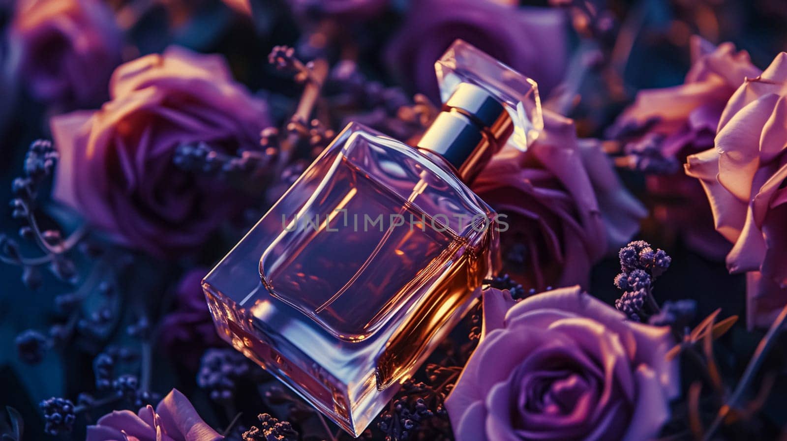 Perfume bottle in flowers, fragrance on blooming background, floral scent and cosmetic product idea