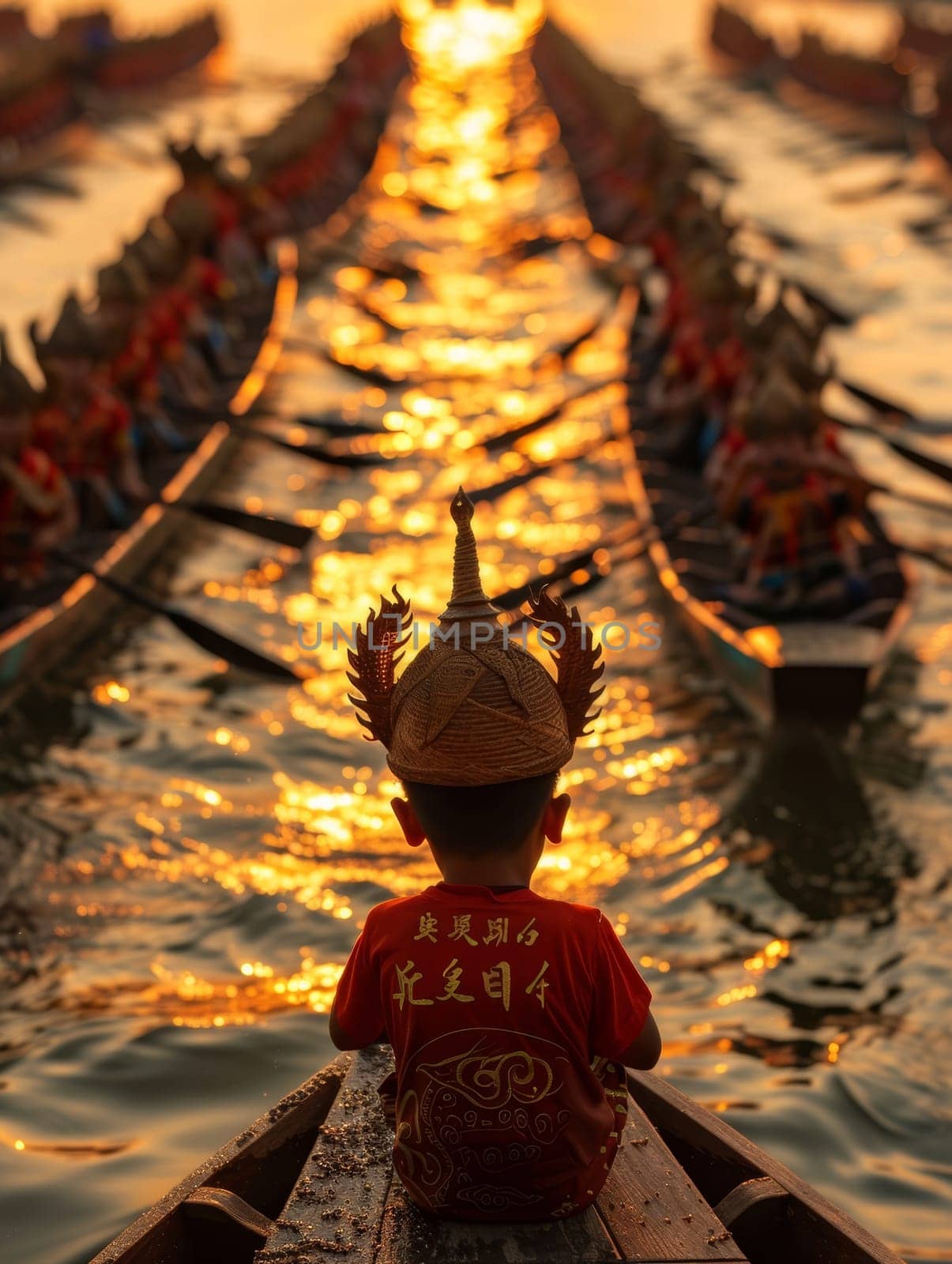 A silhouette of a dragon boat team racing at dusk with water glistening in the fiery sunlight, evoking the fervor of the sport. Asian festival by sfinks
