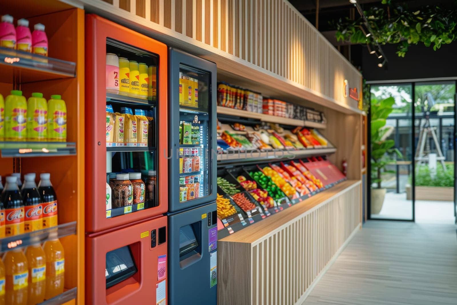 A colorful vending machine with a variety of food and drinks.