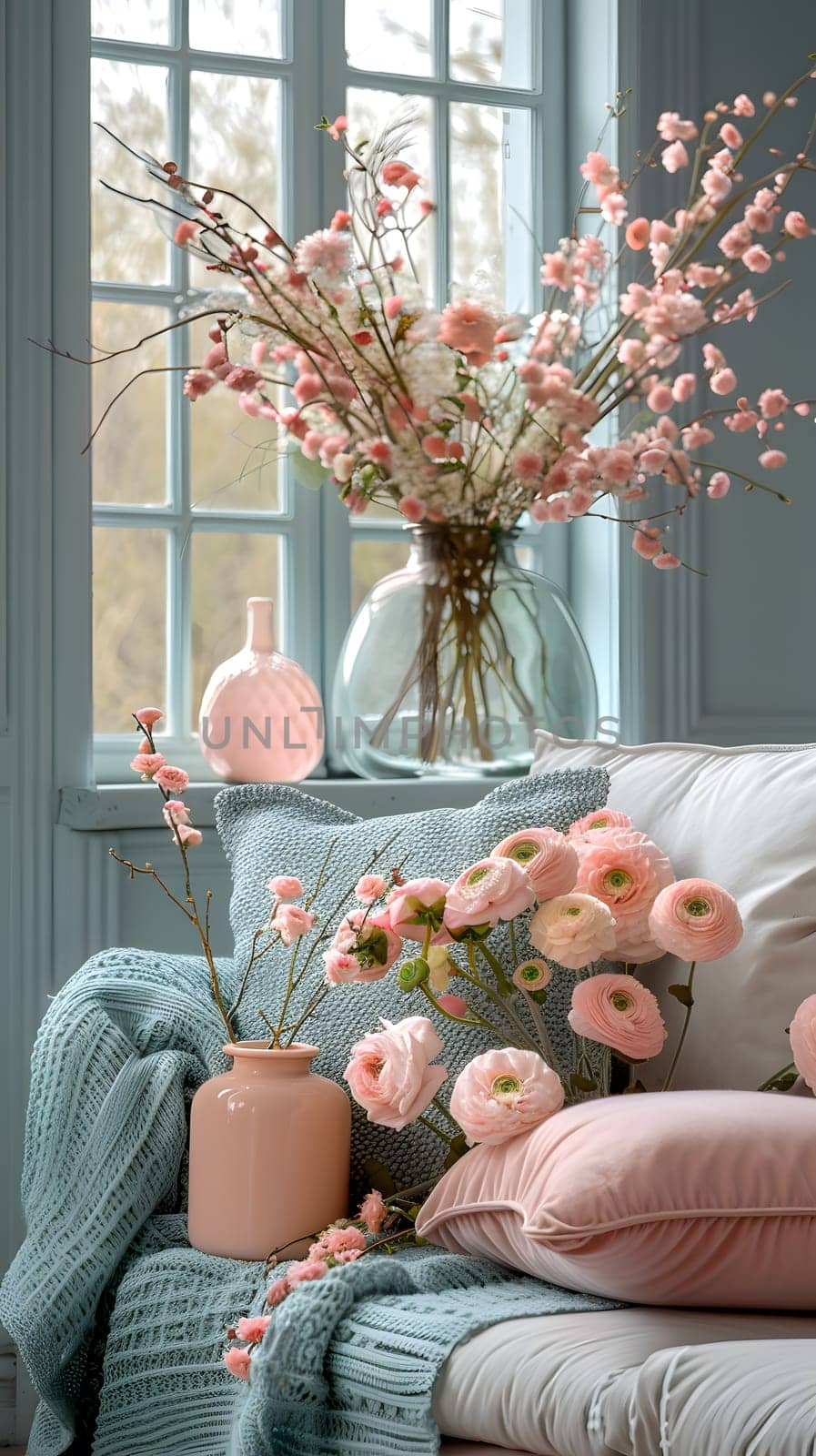 An interior design featuring a living room with a pink couch, pillows, a vase of flowers, and a view of the building through a window. Porcelain art pieces and twigs complete the cozy atmosphere