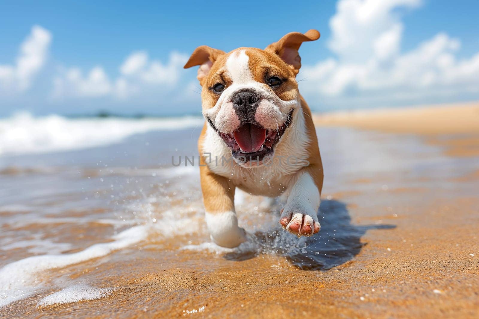 Happy and funny bulldog puppy running on the beach on a sunny day. Summer vibe. Holiday