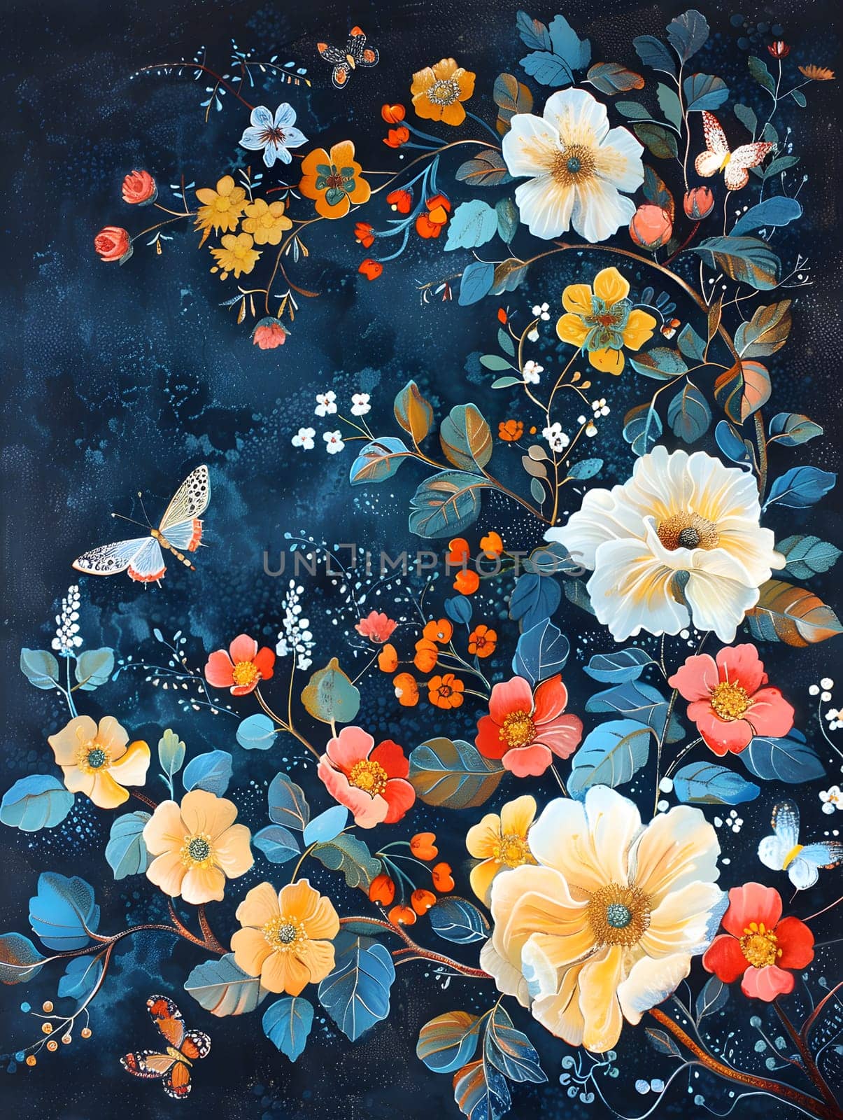 Flowers and butterflies painted on dark background, a beautiful floral design by Nadtochiy