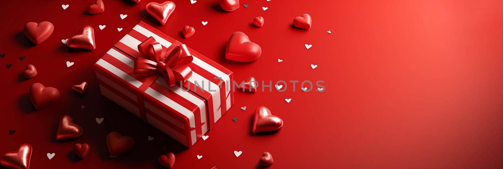 A red and white gift box set against a red background with hearts scattered around it.