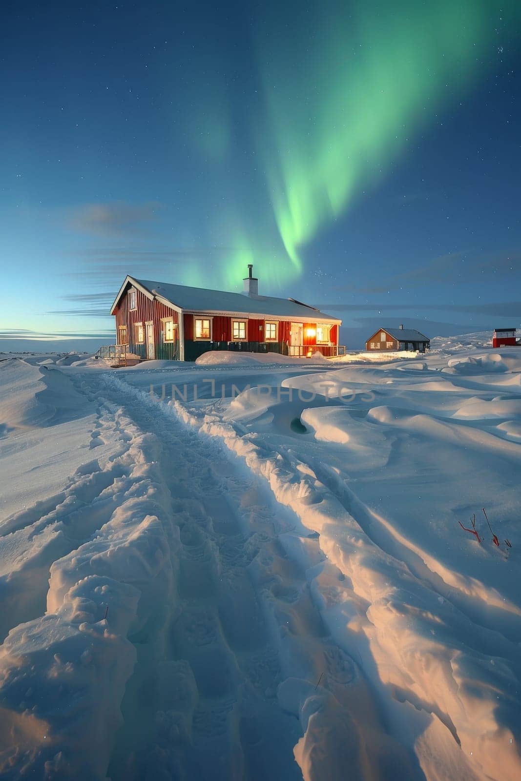 A house with a red roof and a green aurora in the sky. The aurora is bright and colorful, creating a sense of wonder and awe. The house is surrounded by snow, which adds to the peaceful