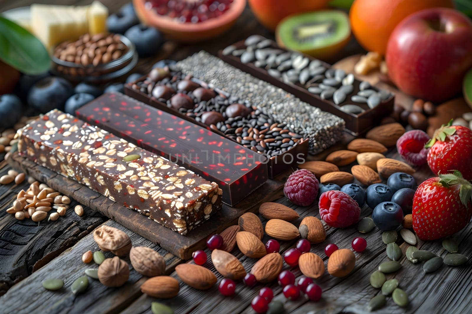 A foodfilled wooden table adorned with a variety of natural foods including fruits, nuts, and granola bars. A delightful spread of plantbased ingredients for a healthy cuisine experience