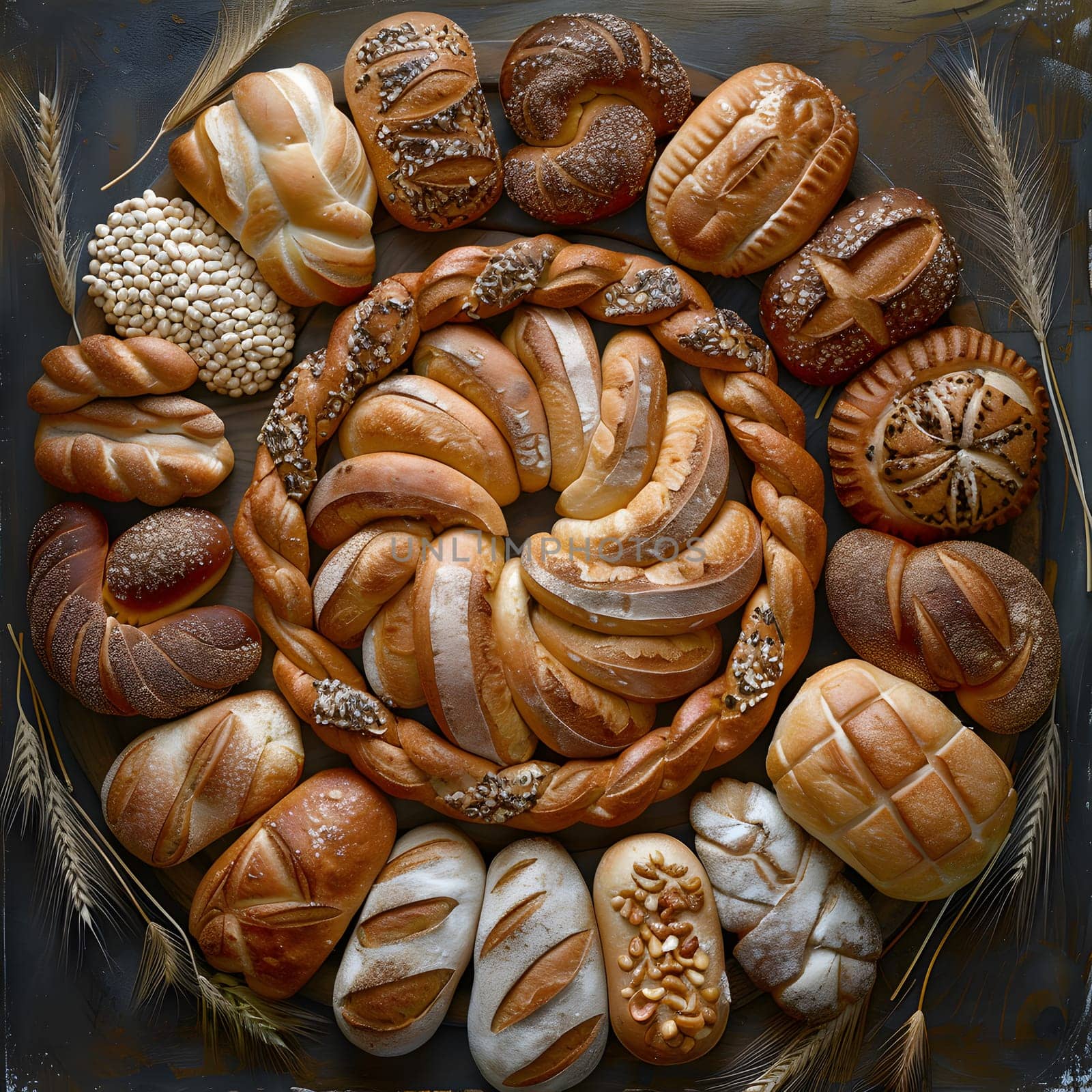A variety of baked goods are displayed in a circular arrangement on a wooden table. The breads showcase different ingredients and textures, representing staple foods in various cuisines