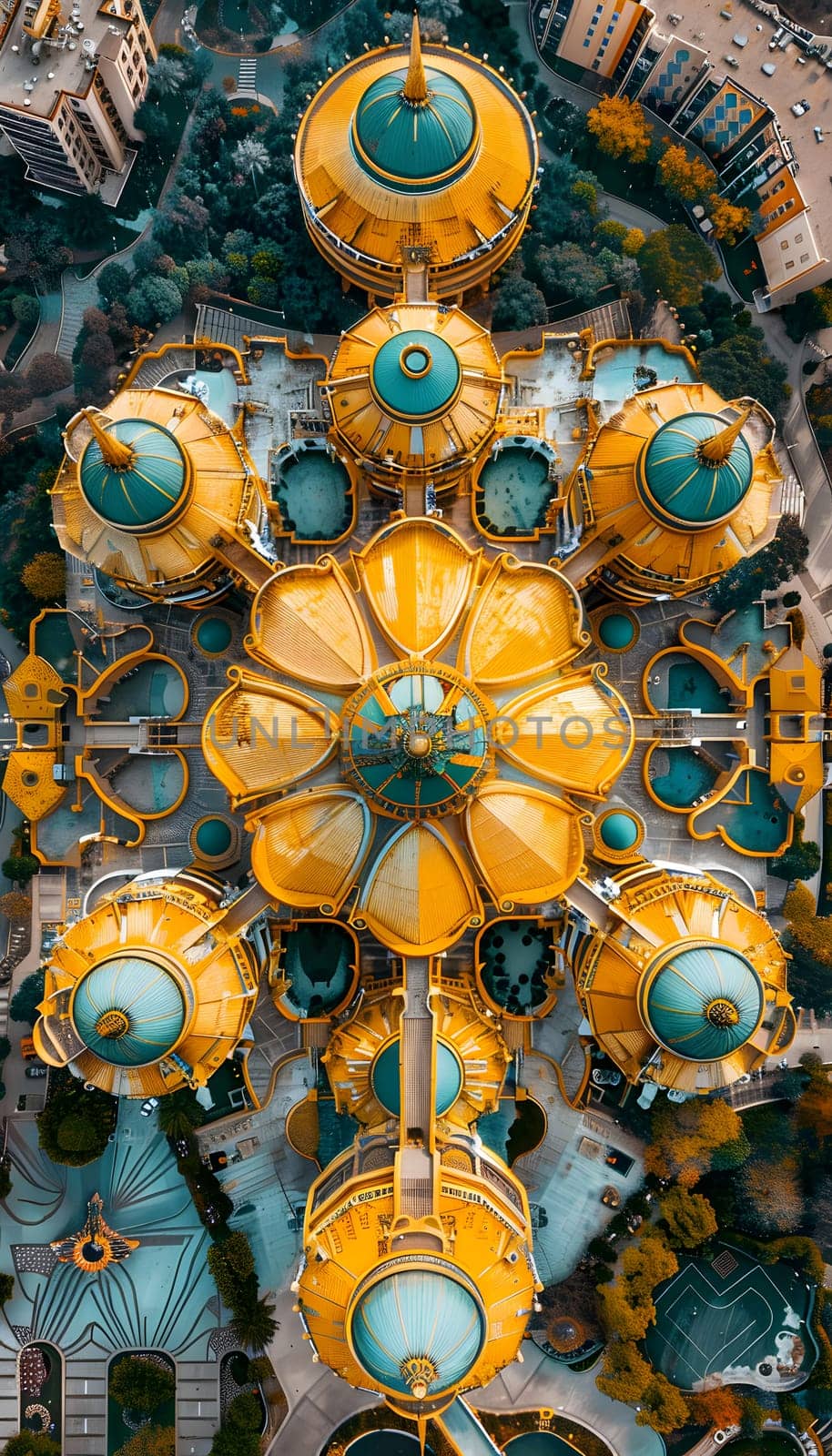 An artistic display of yellow and electric blue domes resembling terrestrial plants creates a symmetrical pattern on the glass ceiling of a large building, resembling a creative arts masterpiece