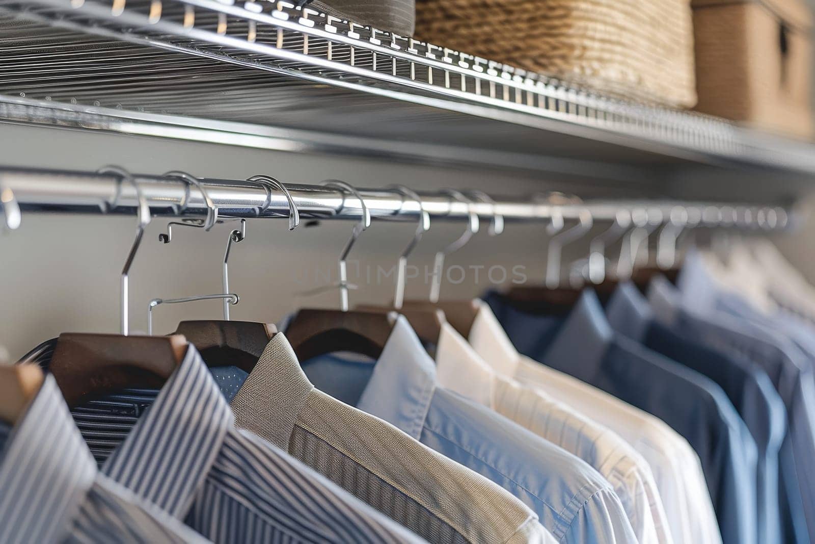 A closet with clothes hanging on hangers and a basket of clothes on the top shelf. The clothes are neatly folded and organized