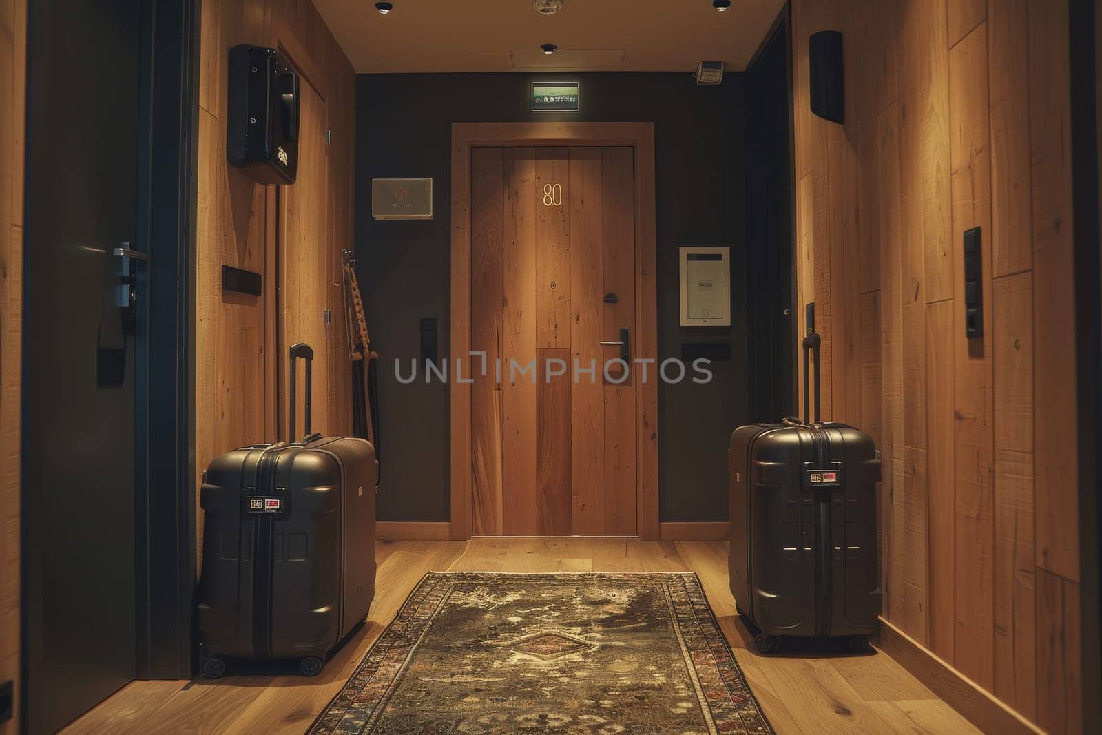 A hallway with two suitcases and a door with a sign that says room number.