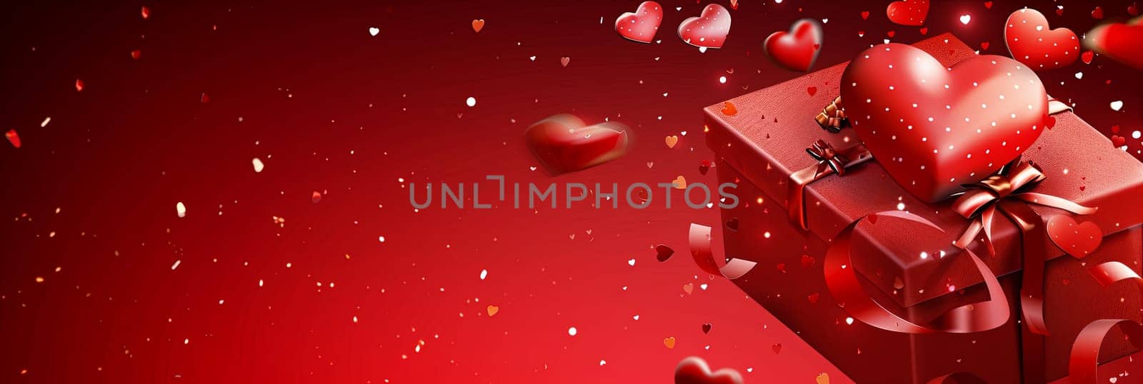 A red gift box with a bow, releasing hearts against a red background. Generative AI by AnatoliiFoto