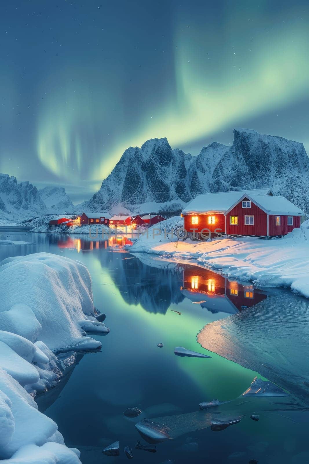 A house with a red roof and a green aurora in the sky by itchaznong