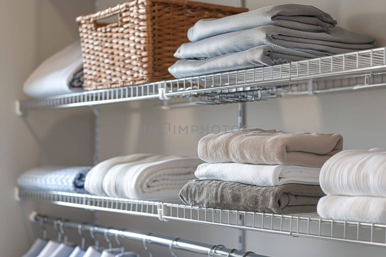 A closet with clothes hanging on hangers and a basket of clothes on the top shelf. The clothes are neatly folded and organized