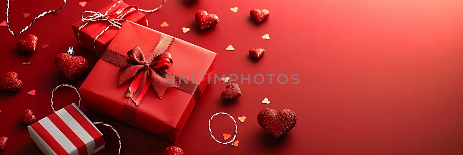 A festive banner design featuring wrapped presents and heart decorations on a vibrant red background. Generative AI by AnatoliiFoto