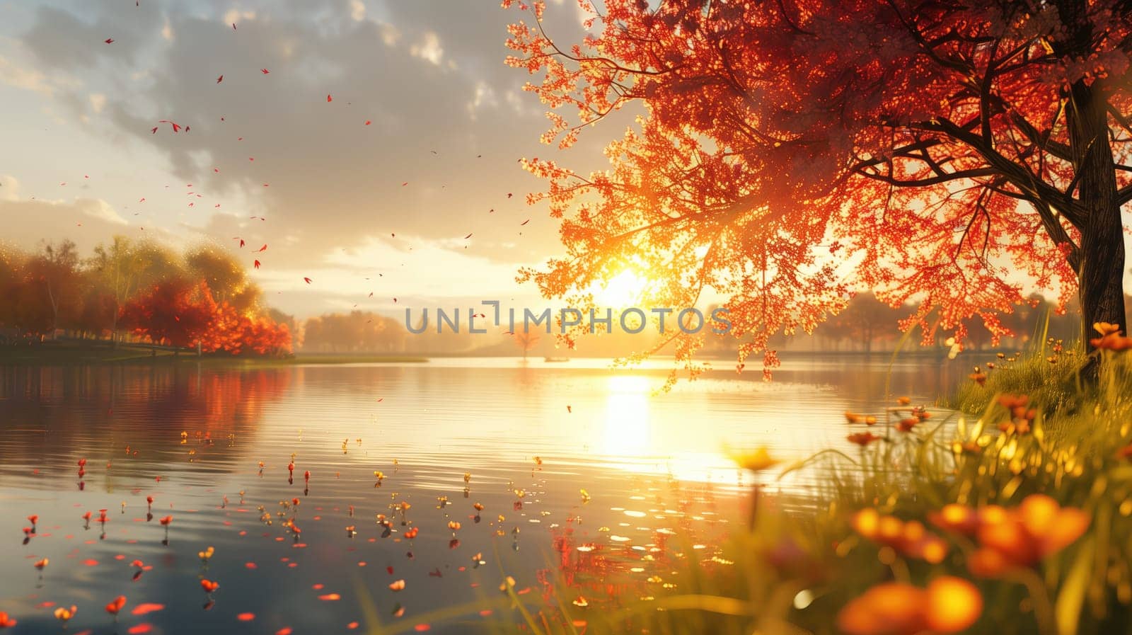 Beautiful autumn landscape with lake and trees in the park at sunset