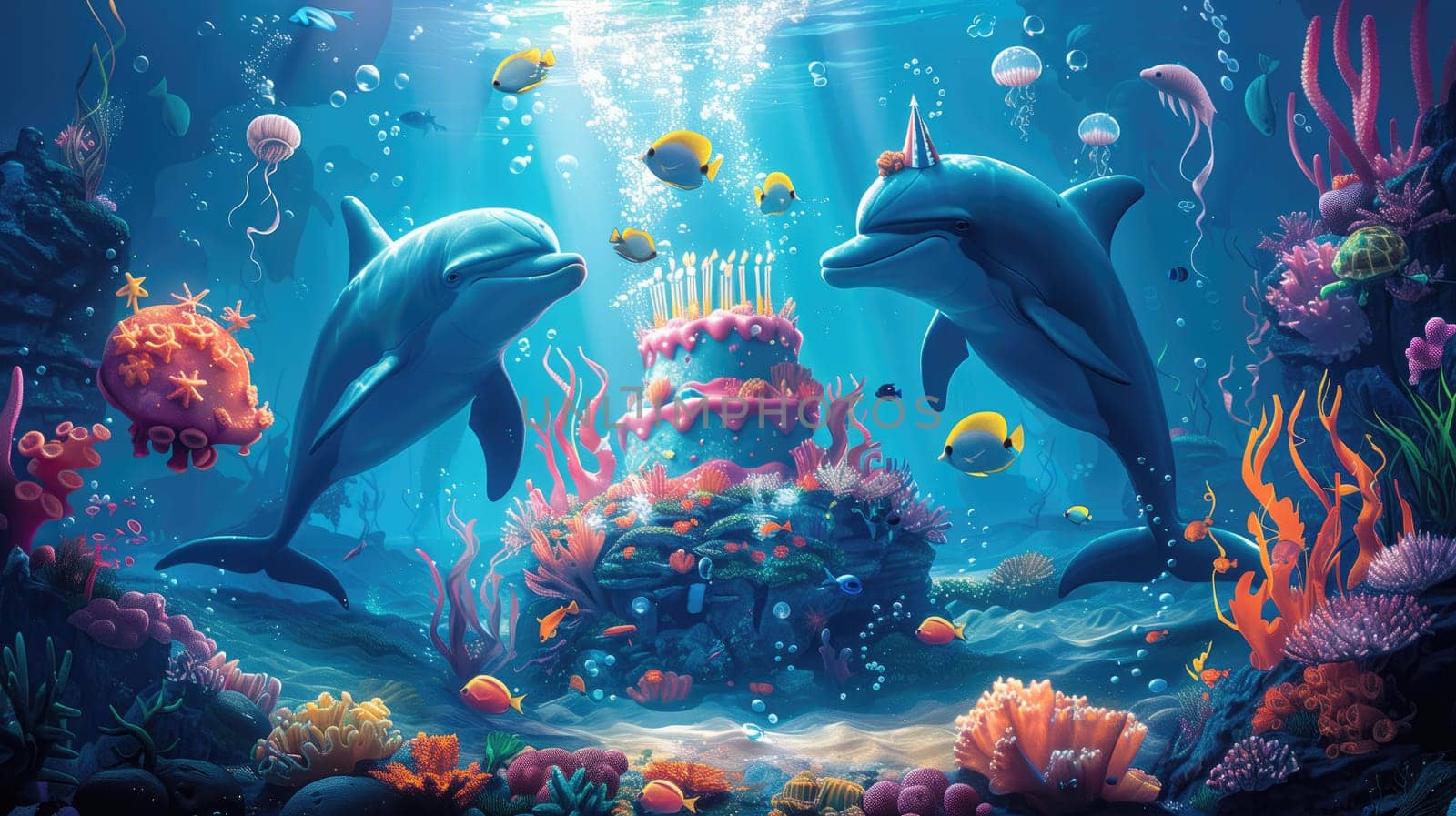 Birthday cake with candles, birthday party in underwater world. 3D illustration