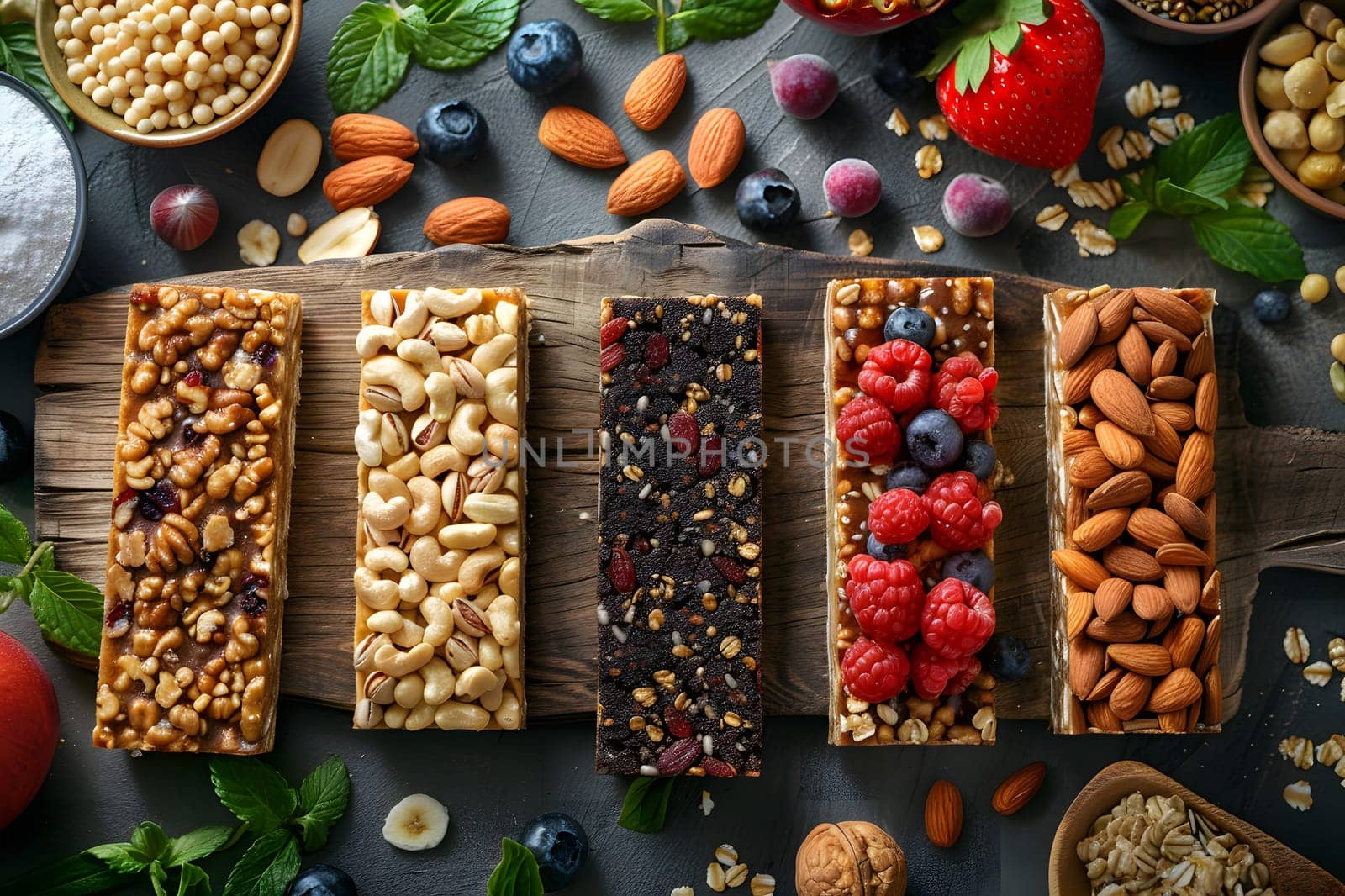Various types of granola bars made with natural ingredients, a staple food filled with superfoods and whole foods, display on the table