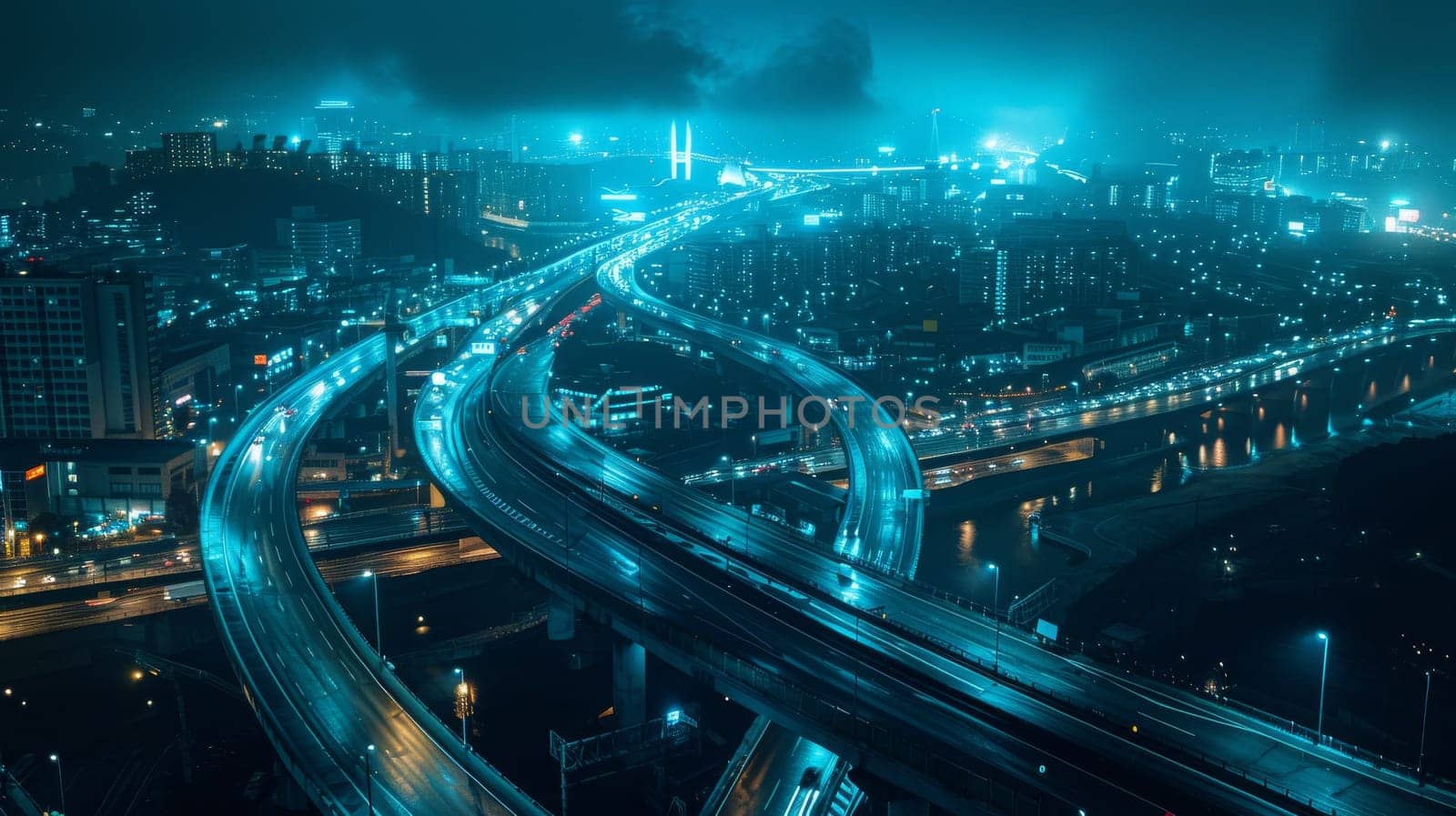 A city at night with a large round highway in the middle. The highway is lit up with blue lights