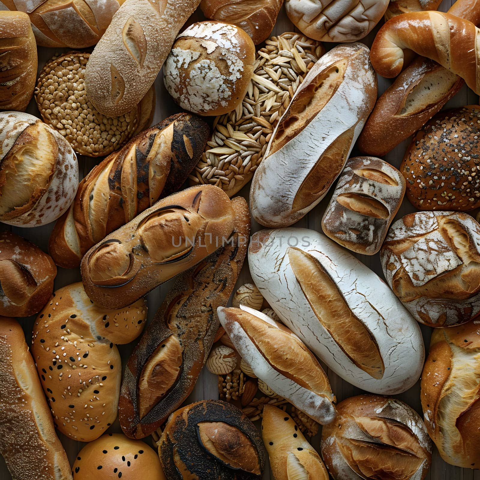 An assortment of various types of bread displayed on a wooden table, showcasing staple foods made from natural ingredients and seeds in different cuisines