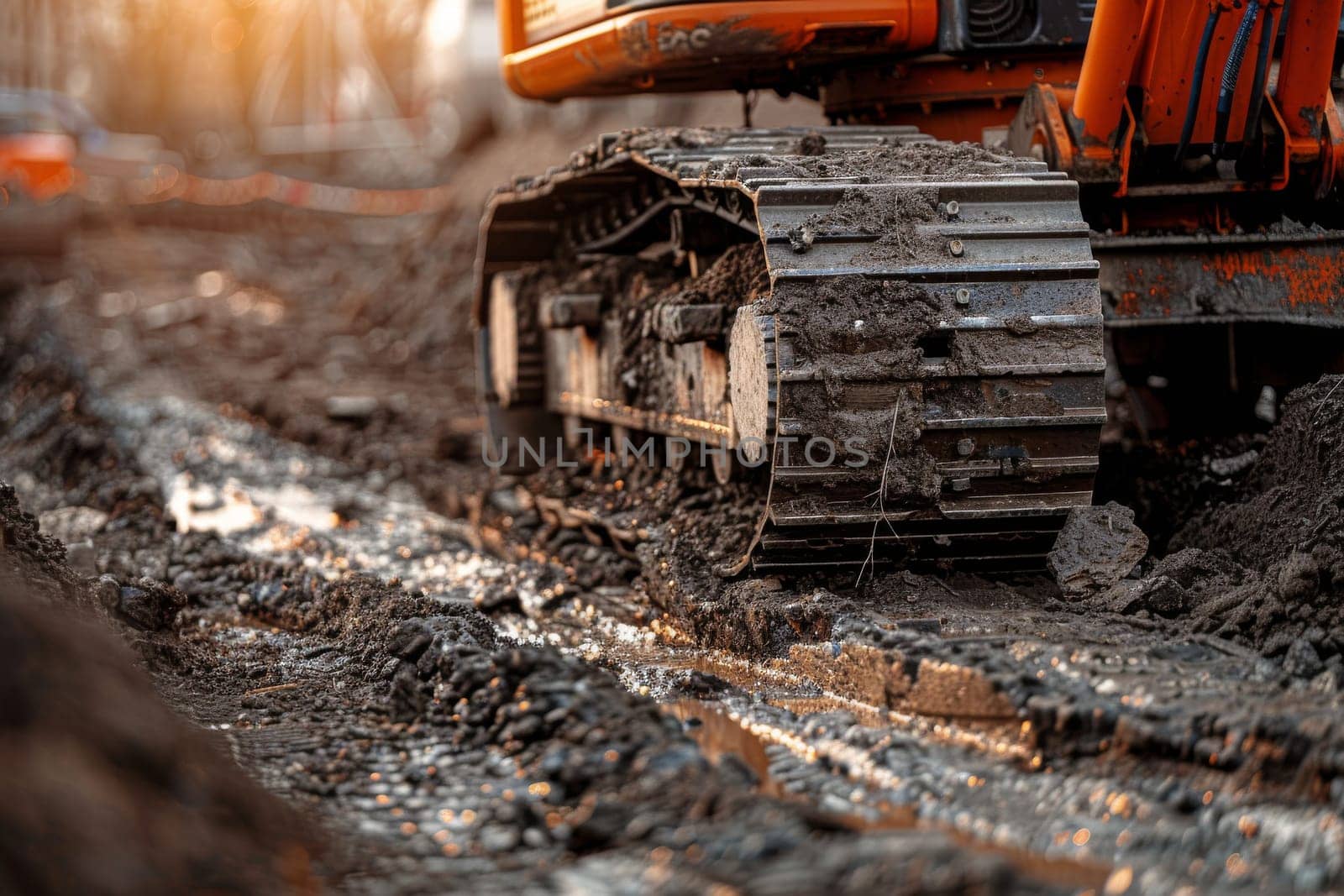 A dirty orange construction vehicle with mud on its tracks.