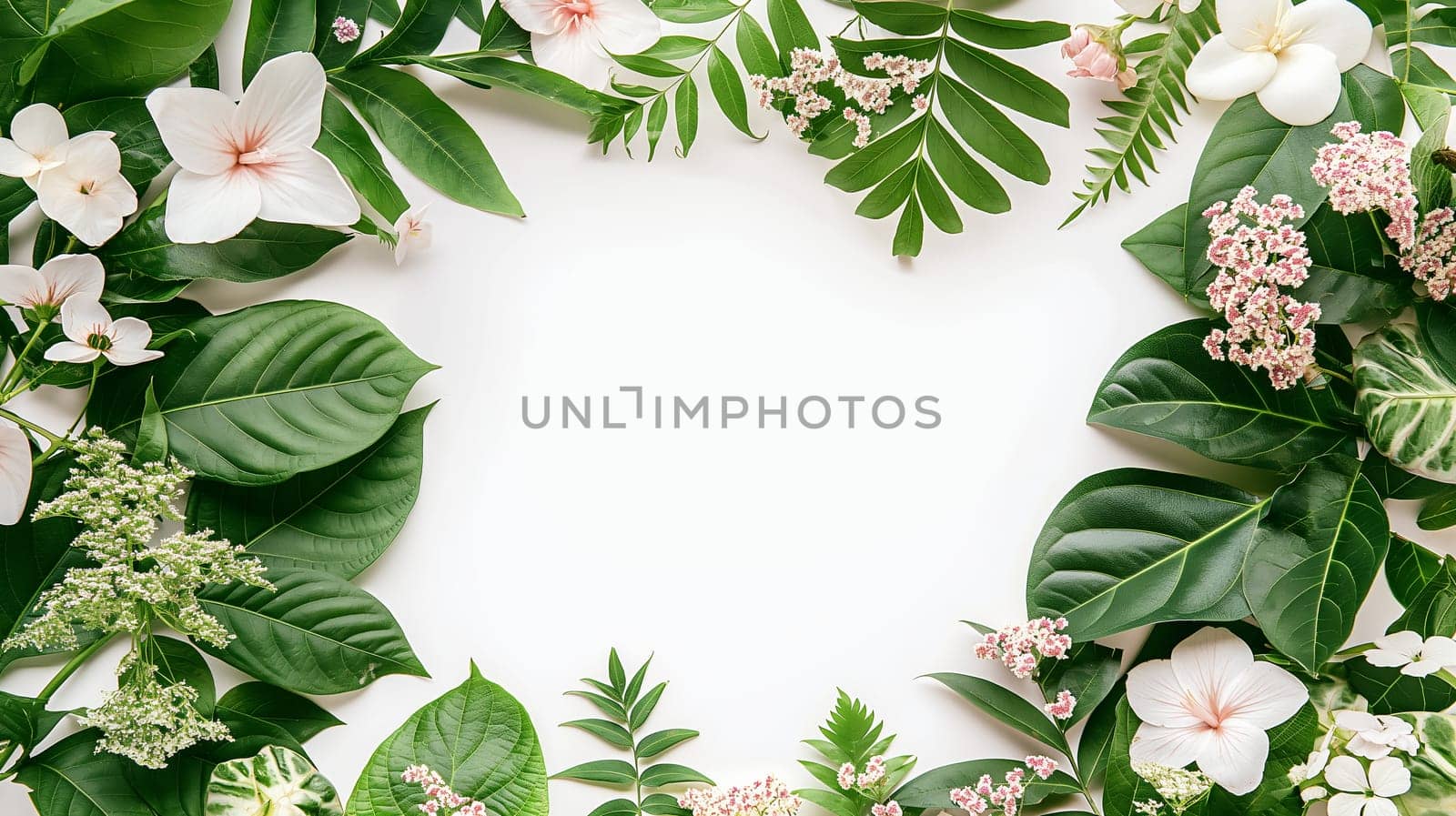 Lush Green Leaves and Delicate White Flowers Forming a Border on White Background by chrisroll