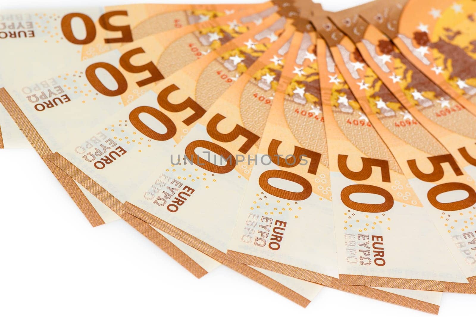 Fan of 50, euro isolated on white background. Euro money notes. Fan of euro banknotes isolated.2