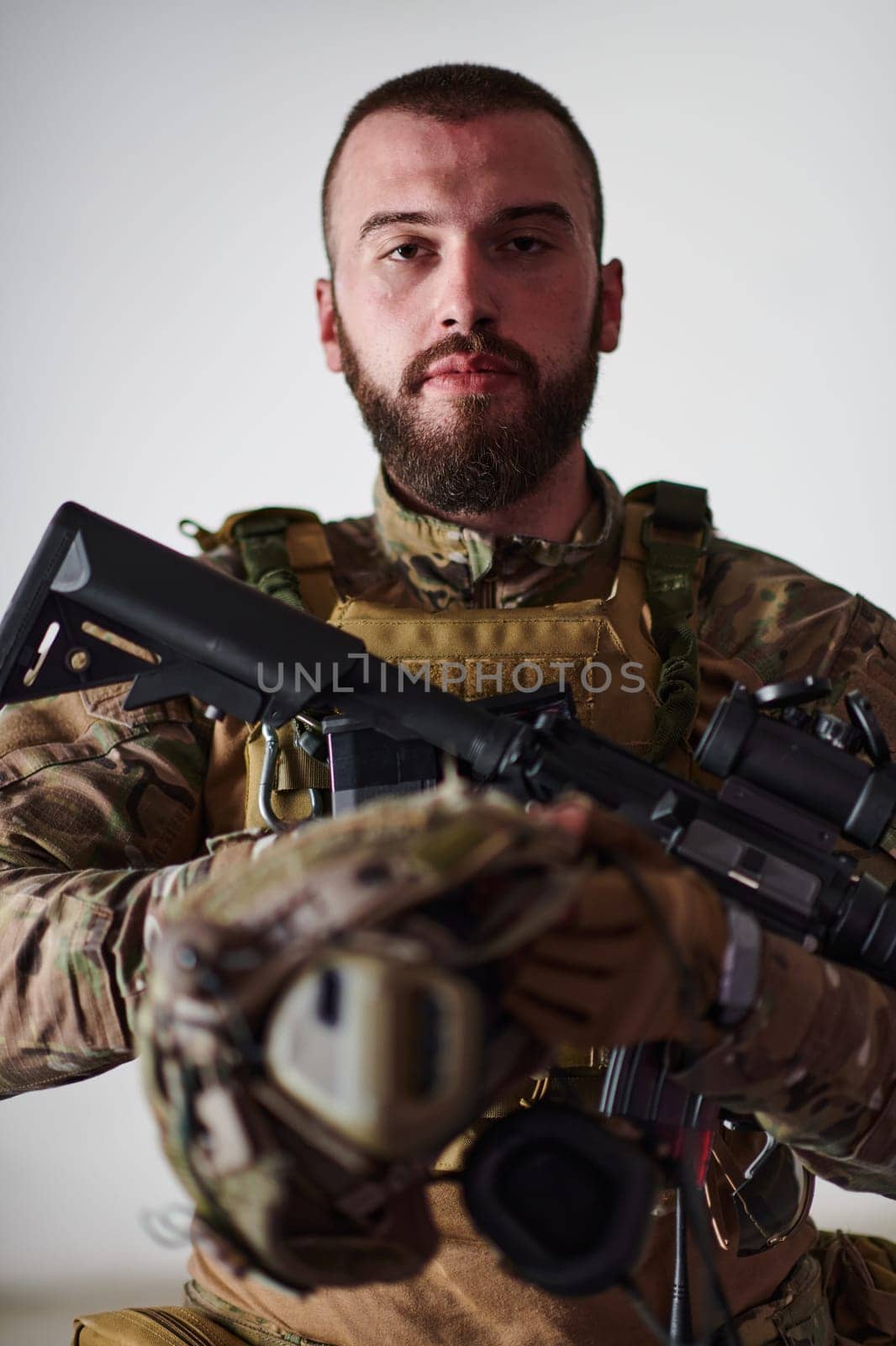 Modern warfare soldier portrait in urban environment.