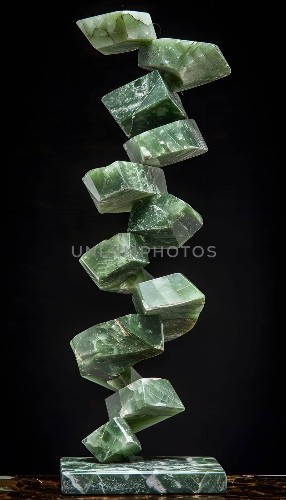 An art sculpture made of green glass cubes stacked on top of each other, resembling a geometric masterpiece on a sleek black background