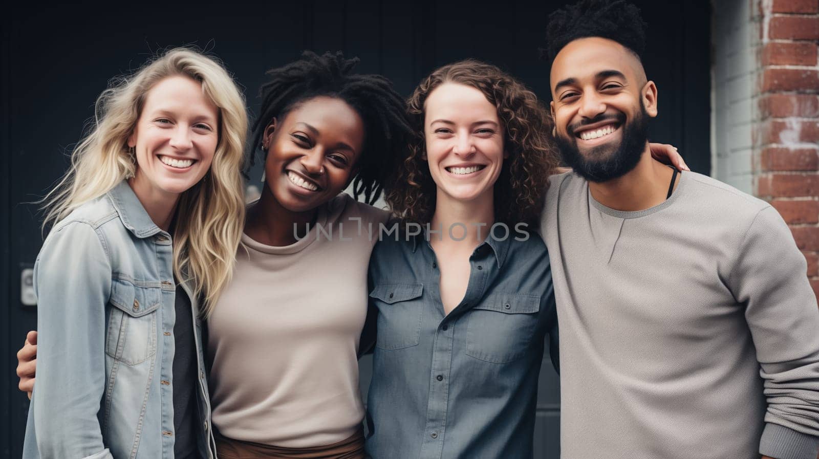 Friendly portrait of happy smiling diverse modern young people friends together, women and men in casual clothing posing on city street