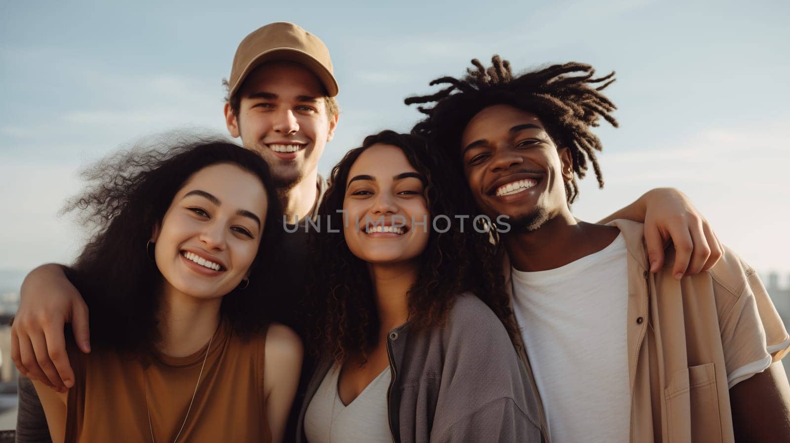 Friendly portrait of happy smiling diverse modern young people friends together, women and men in casual clothing posing on city street