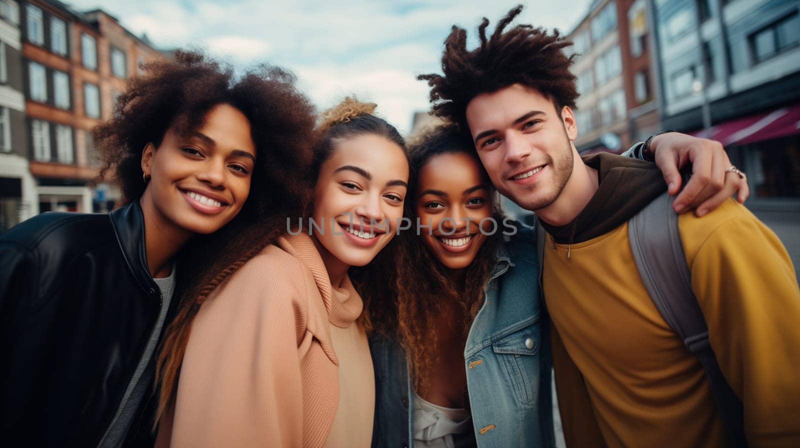 Friendly portrait of happy smiling diverse modern young people friends together, women and men in casual clothing posing on city street