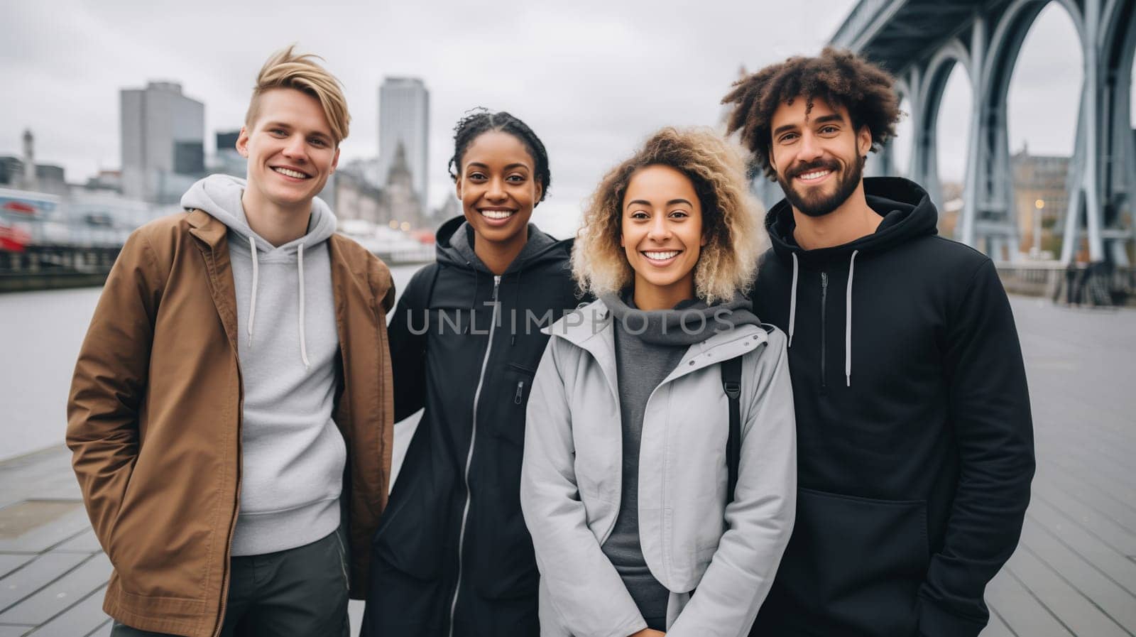 Friendly portrait of happy smiling diverse modern young people friends together, women and men in casual clothing posing on city street