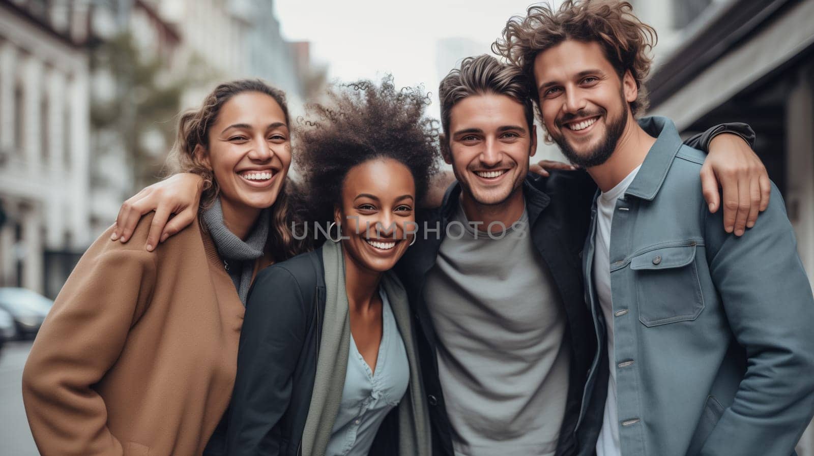 Friendly portrait of happy smiling diverse modern young people friends together, women and men in casual clothing posing on city street