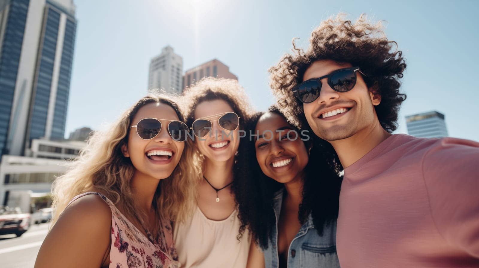 Friendly portrait of happy smiling diverse young people friends taking selfie together, modern women and men in casual clothing on city street
