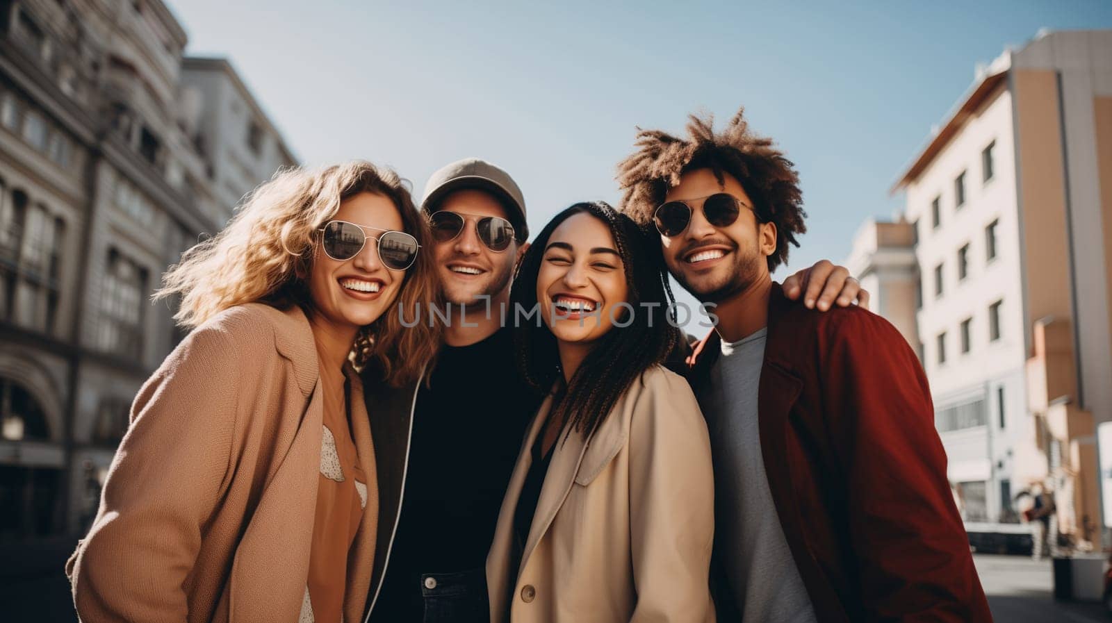 Friendly portrait of happy smiling diverse modern young people friends together, women and men in casual clothing posing on city street