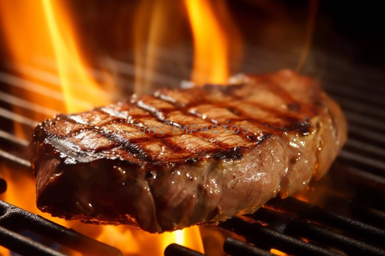 Meat beef steak grilled on fire, food bbq and hot grill, post-processed, generative ai