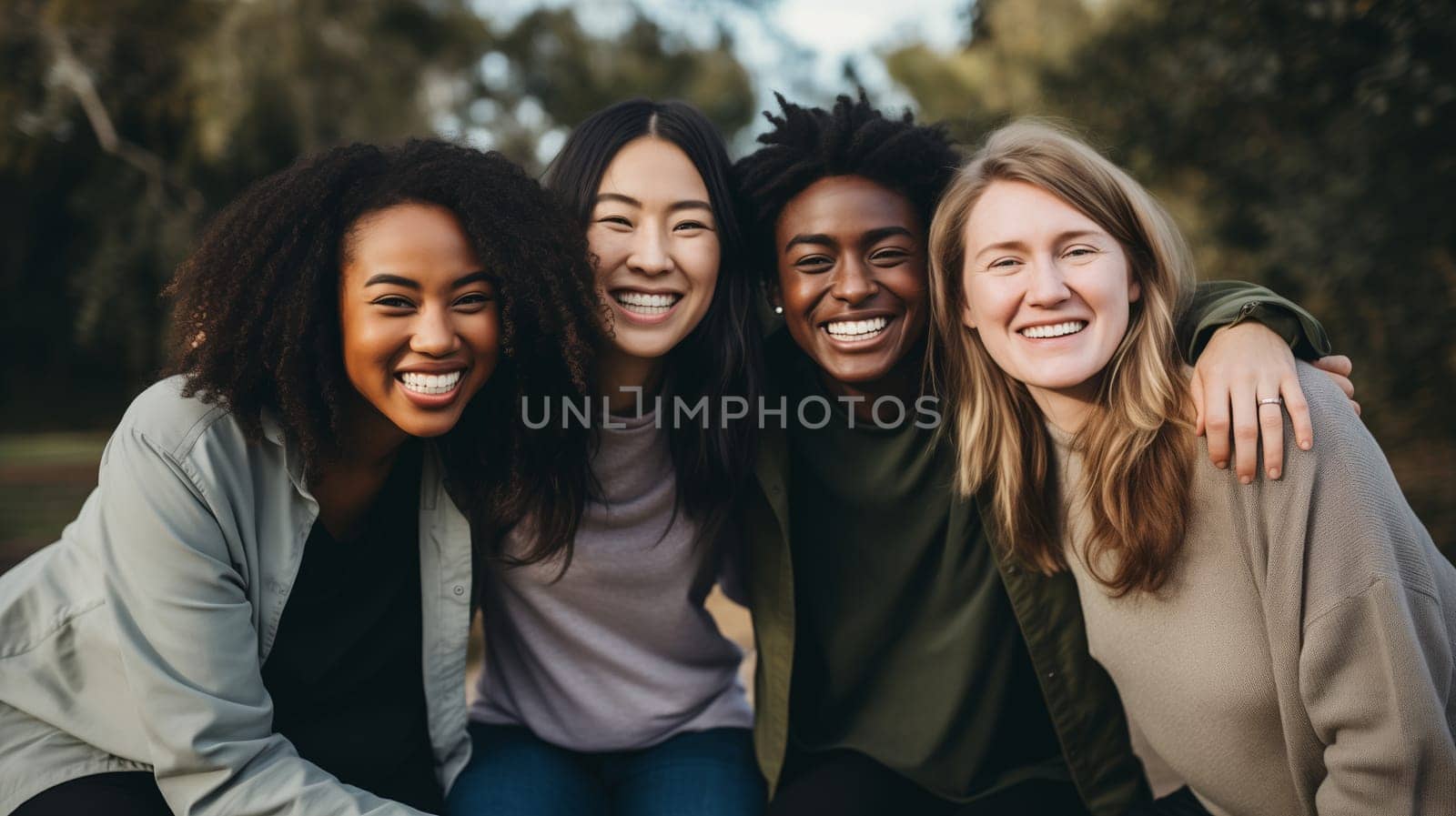 Friendly portrait of happy smiling diverse modern young people friends together, girlfriends women looking at camera on city street