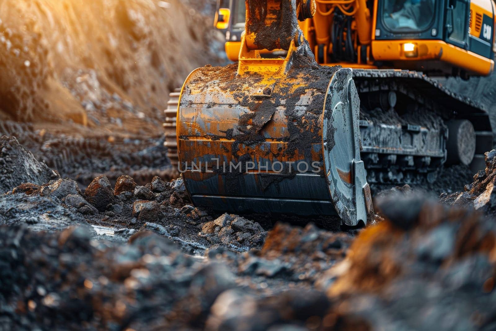 A dirty orange construction vehicle with mud on its tracks.