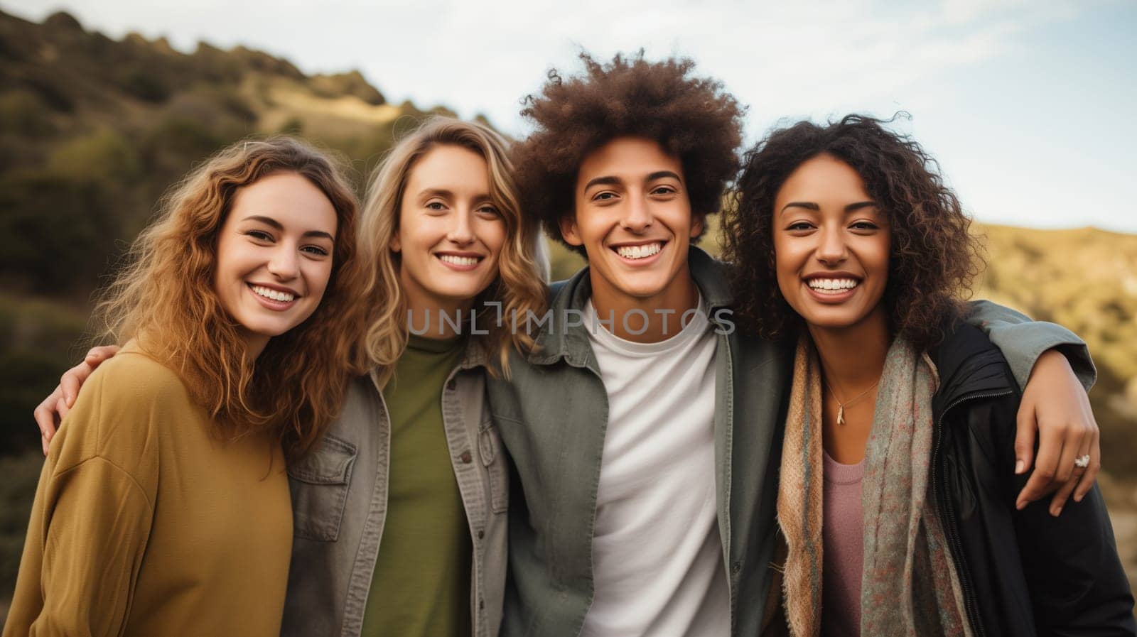 Friendly portrait of happy smiling diverse modern young people friends together, women and men in casual clothing posing on city street
