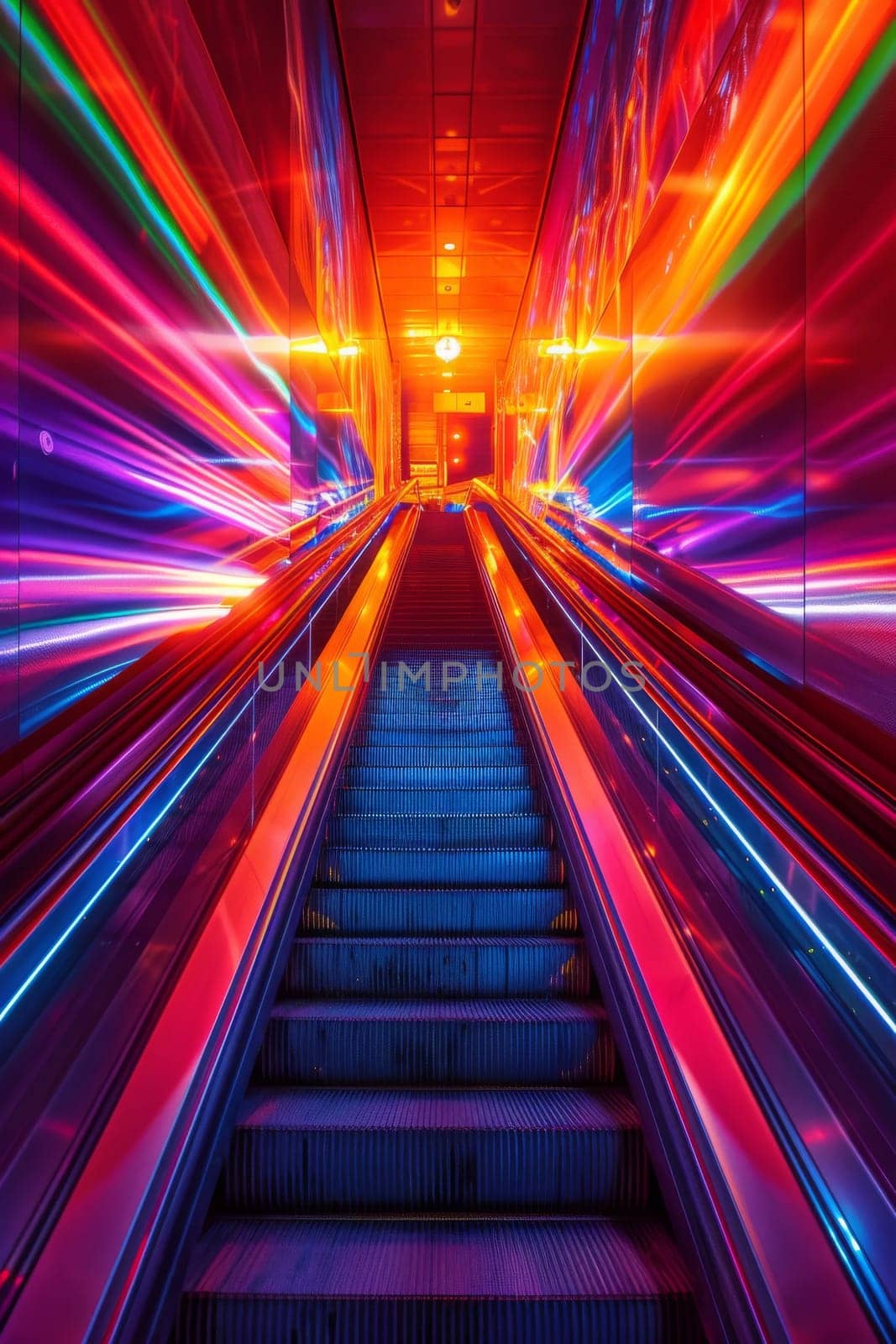 A colorful escalator with bright lights and a rainbow effect. The escalator is long and winding, with stairs leading up to the top