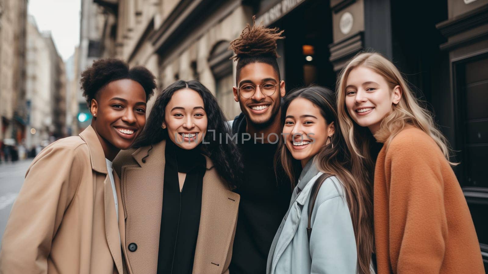 Friendly portrait of happy smiling diverse modern young people friends together, women and men in casual clothing posing on city street