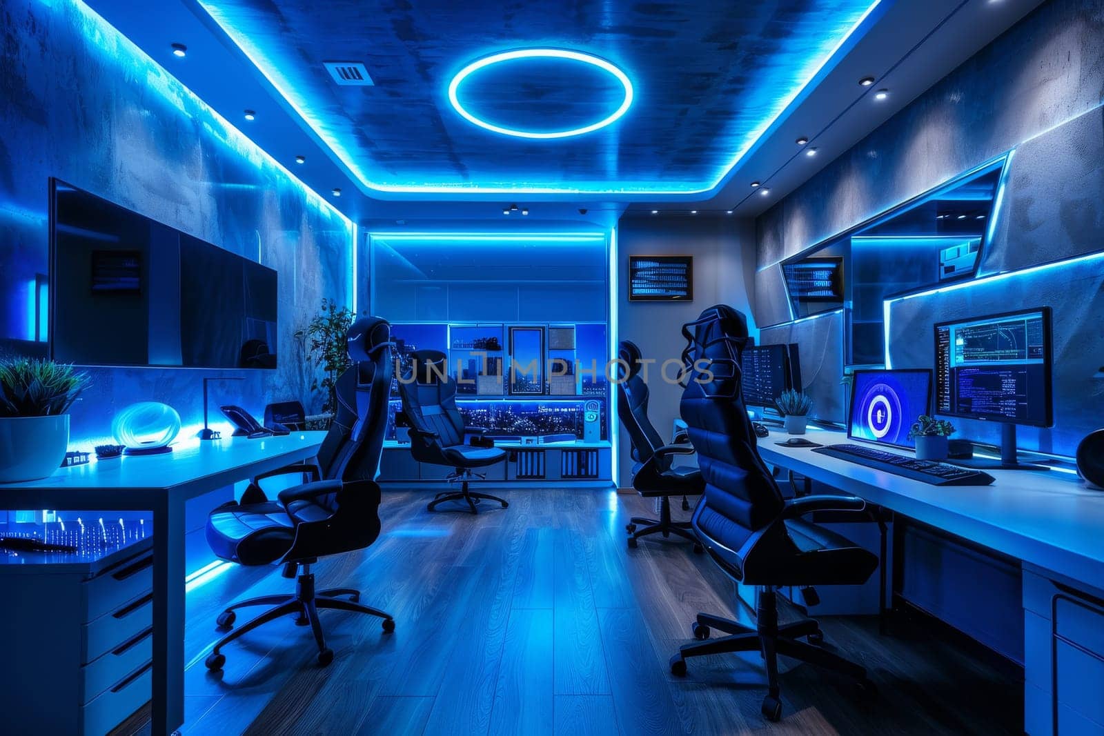 A room with a blue light ceiling and a circular design. There are three people sitting in chairs in front of computer monitors