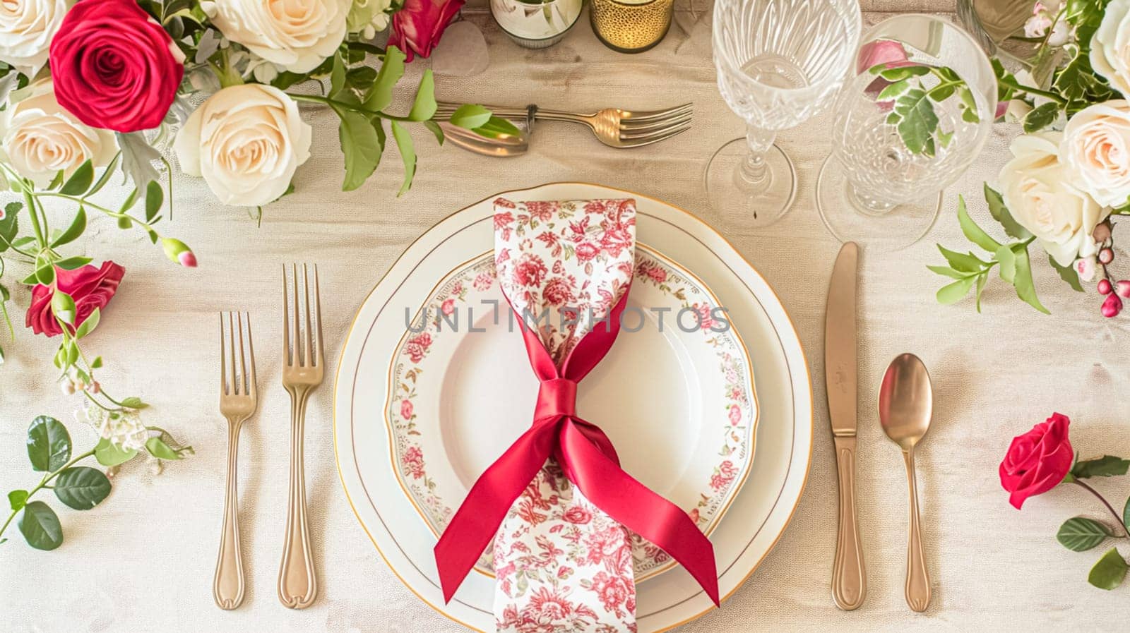 Valentines day tablescape and table decor, romantic table setting with flowers, formal dinner and date, beautiful cutlery and tableware design