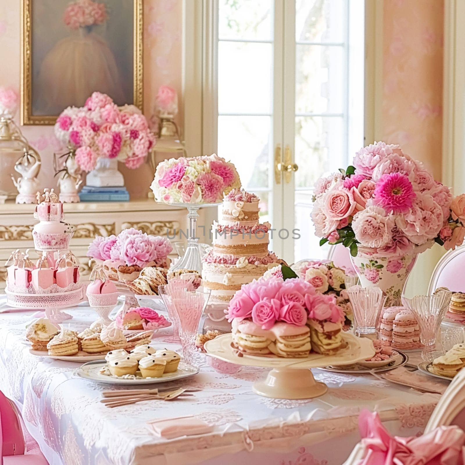 Birthday tablescape or candy bar with sweets, Birthday cake and cupcakes, beautiful party and celebration