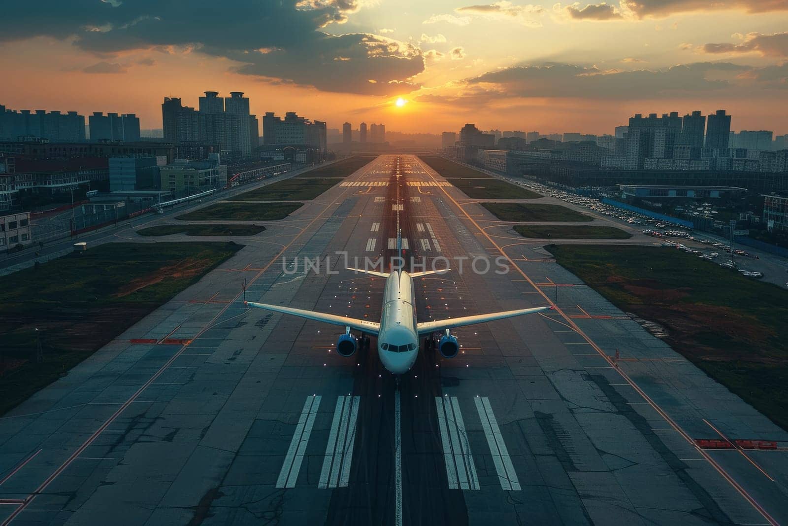 Commercial airplane landing at runway at airport.