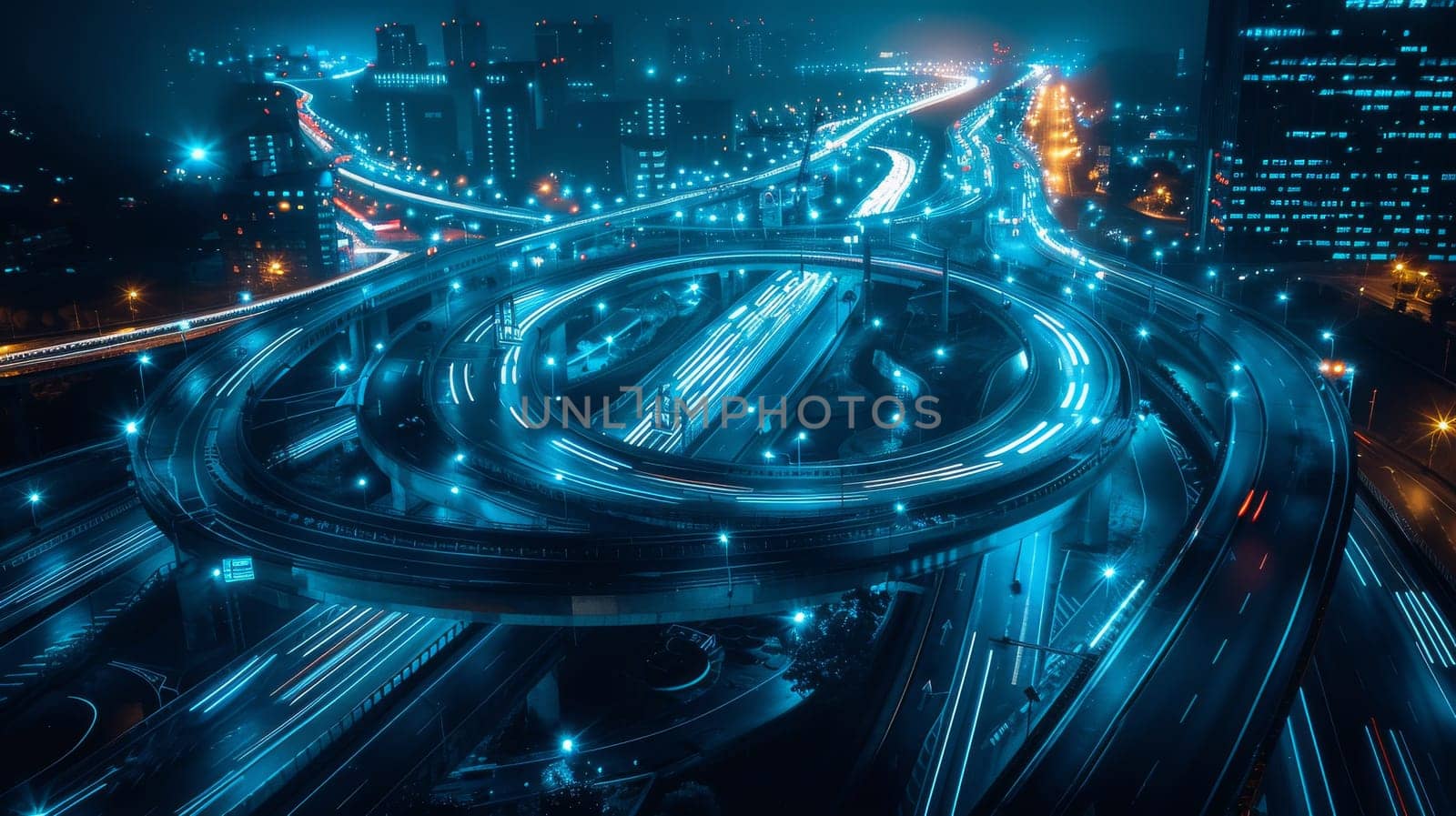 A city at night with a large round highway in the middle. The highway is lit up with blue lights