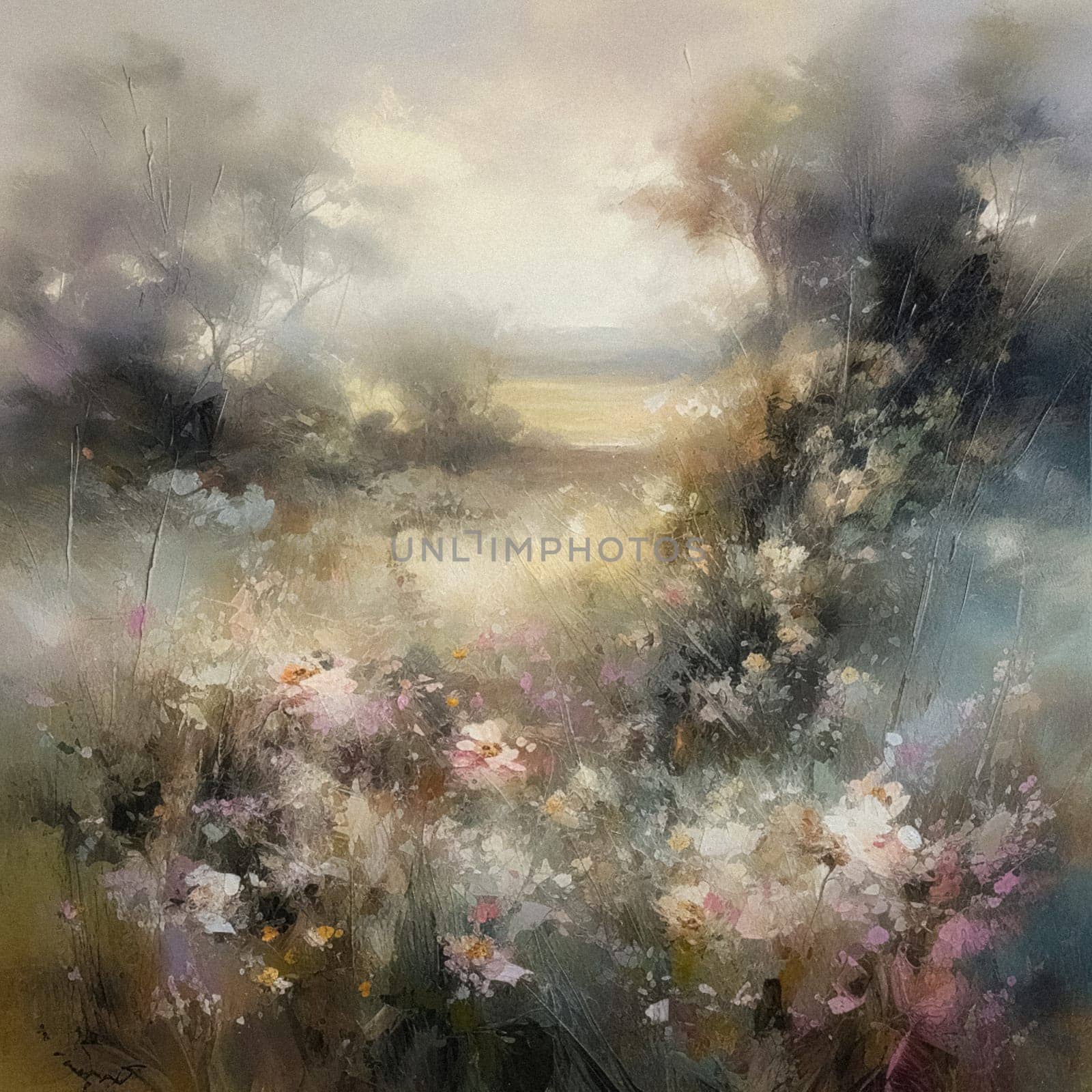 Oil style fine art painting of the English countryside, depicting romantic floral meadow, flowers field in soft pastel colours, evoking a sense of tranquility and natural beauty, printable art by Anneleven