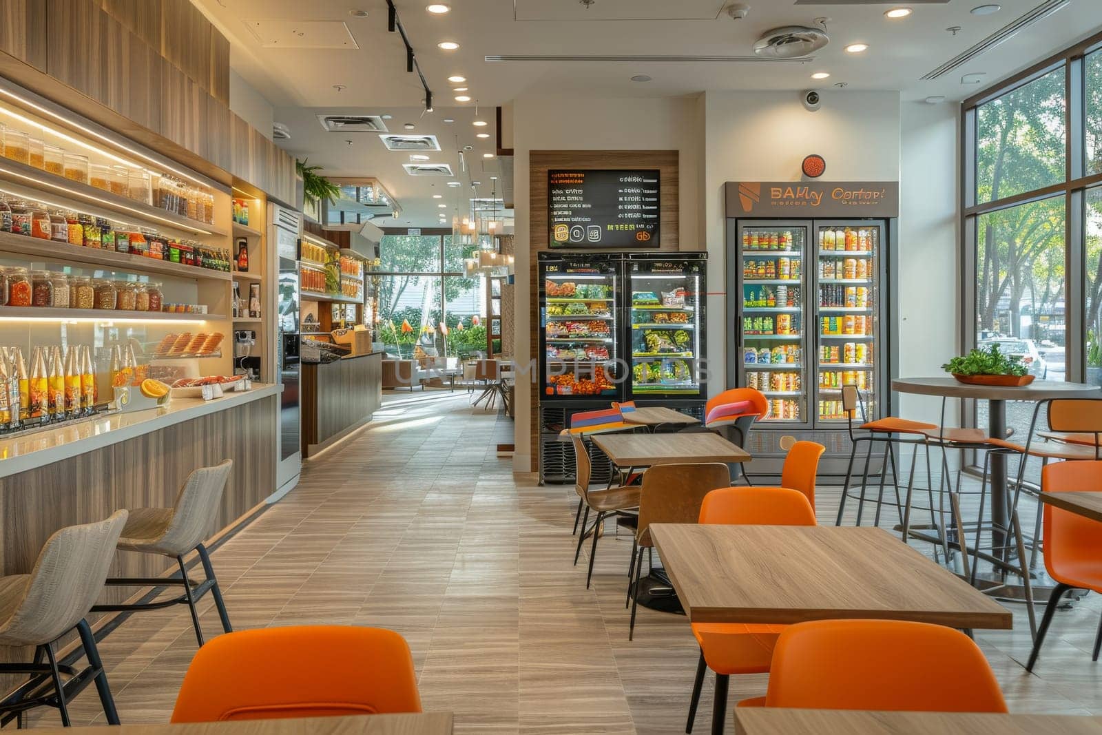 A restaurant with a lot of tables and chairs, and a lot of food and drinks. The restaurant is open and has a lot of natural light coming in