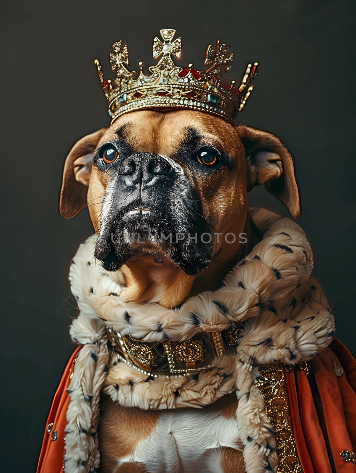 A fawn Boxer, a carnivorous dog breed, is wearing a crown and a coat. This companion dog looks majestic with its jewellery, resembling a working animal in a tiara