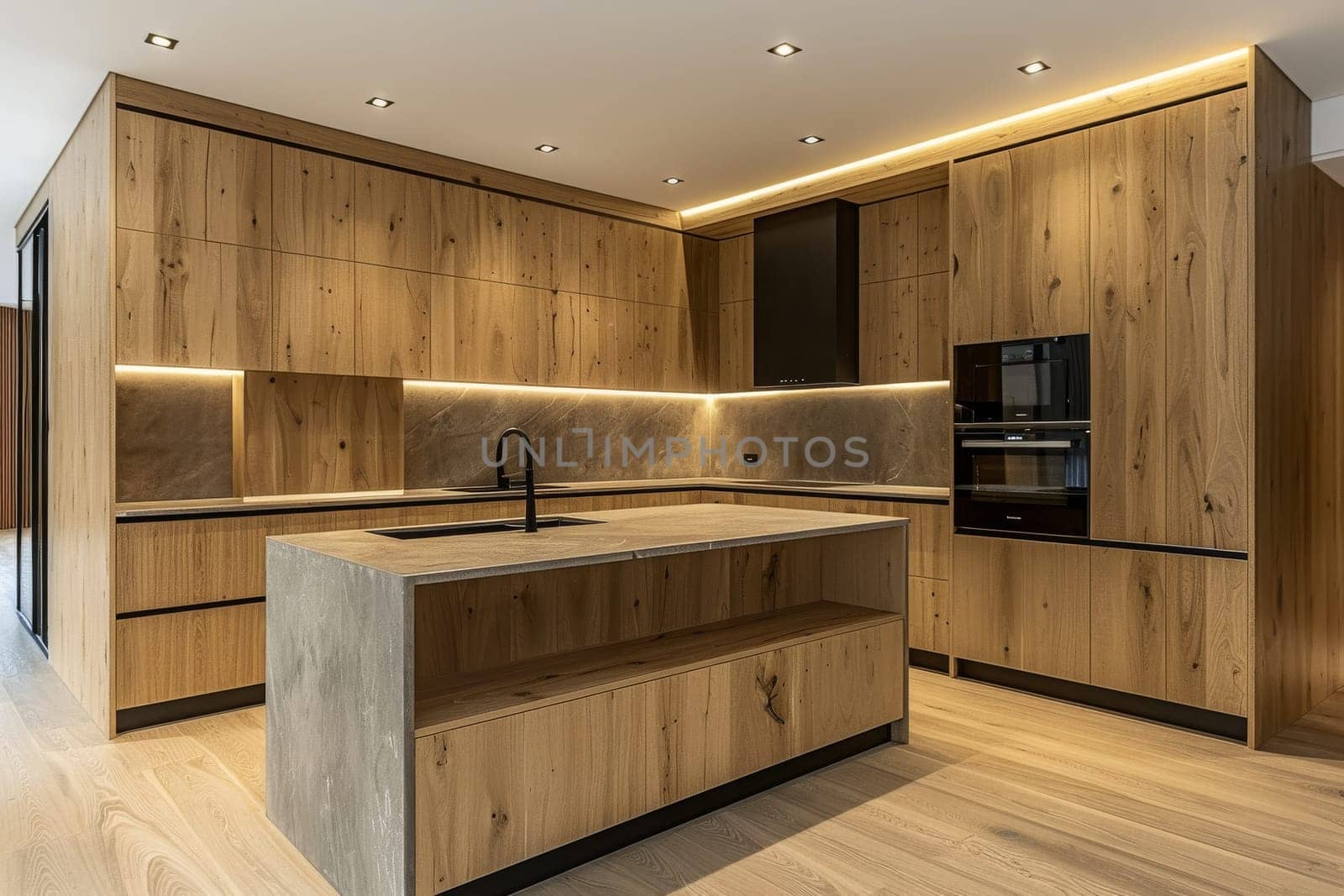 A kitchen with a granite countertop and wood cabinets. The kitchen is clean and well-organized